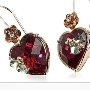 Betsey Johnson Red and Gold Heart Earrings with Floral Details